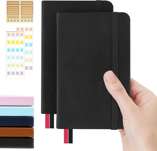 Pocket Dotted Notebook, 2-Pack Dot Grid Notebook, Dotted Journal with Stickers, 3.5" x 5.5" Hardcover, Small Mini A6 size, 160 Pages, 100 gsm Thick Paper, Black