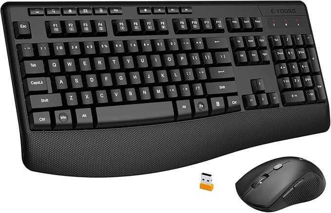 E-YOOSO Wireless Keyboard and Mouse Combo,Silent Soft Touch Quiet Keyboard Less Noise 90%,Ergonomic with Wrist Rest,2.4GHz 104 Keys Full Size,2400 DPI Mouse,for PC Computer/Laptop/Mac/Tablet,Black
