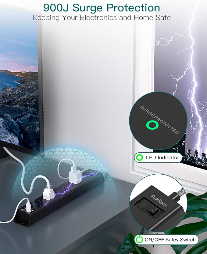 Surge Protector Power Strip - Extension Cord with Addtam 6 AC Outlets 4 USB (2 USB-C Ports), 1875W/15A, Flat Plug with Overload Surge Protection, Outlet Extender for Home Office Dorm Room Essentials