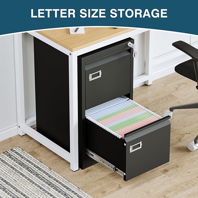 MIIIKO 2 Drawer Filing Cabinet with Lock, Metal Vertical File Cabinets for Home Office, Lockable File Storage Cabinets Under Desk, Letter/A4 File Folders Storage(Assembly Required)