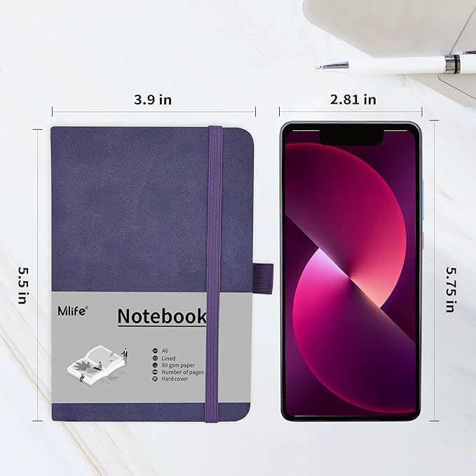 A6 Small Journal Notebook, Lined Pocket Notebook with Pen Holder, Mini Notebook Hardcover, 192 Pages, 3.9 inches * 5.5 inches Jurnal for Women and Man (Purple)