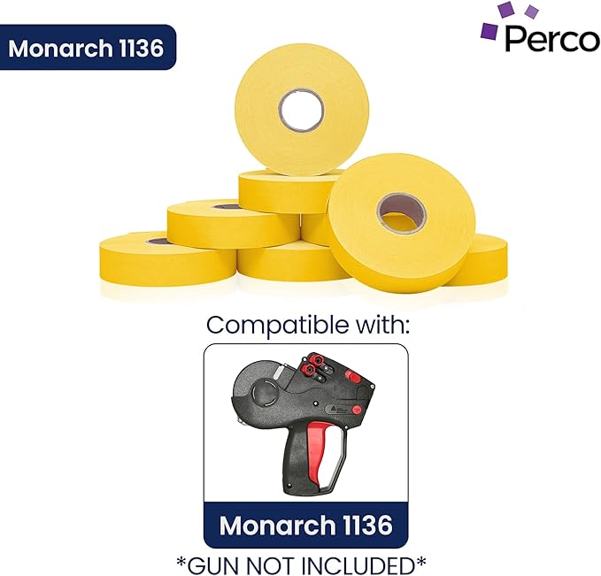 Perco Yellow Pricing Labels for Monarch 1136 Price Gun - 1 Sleeve, 8 Rolls, 14,000 Price Marking Labels - with Ink Roll Included