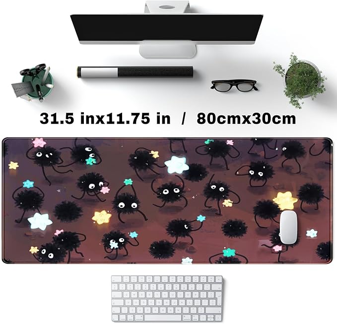 Desk Pad Anime Black Pom Poms Gaming Mouse Pad Large Star Designs Desk Office Decor Exclusive Beautiful Girls Mouse Pad for Women Desktop with Stitched Edges Non-Slip Computer Mat 31.5x11.8In
