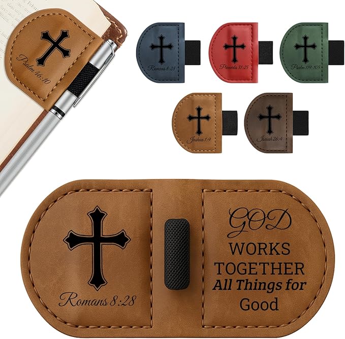 Bygone Mark Personalized Magnetic Leather Bookmark with Pen Holder - Inspirational Bible Verse Scripture Design, Custom Book Marker for Book Lovers Men Women (Brown-Romans 8:28)