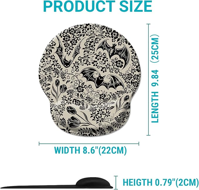 Goth Bat Floral Ergonomic Mouse Pad with Wrist Rest, Gothic Flowers Gaming Mousepad Wrist Support, Funny Computer Mouse Pad with Non-Slip PU Base for Desk Accessories Office Decor Supplies