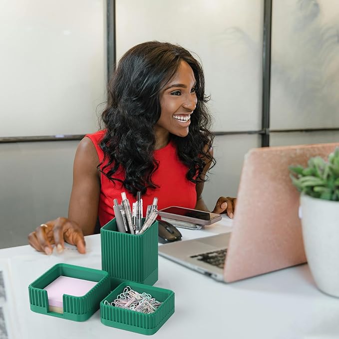 Aesthetic Desk Organizers and Accessories Set of 3 with Pen Holder,Paperclip Holder,Sticky Note Holder - Durable Plastic Pencil Holder for Office Women Men-Teacher Appreciation/Back-to-school Gift