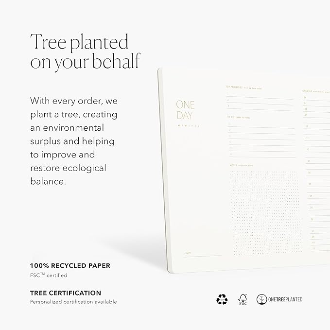 One Day, Elegant Daily Desk Planner, Gold Foiled, Minimalist Productivity Planner Pad, Time Blocking Hourly Schedule, To Do List Notepad, A4, 52 Pages, FSC™ Certified