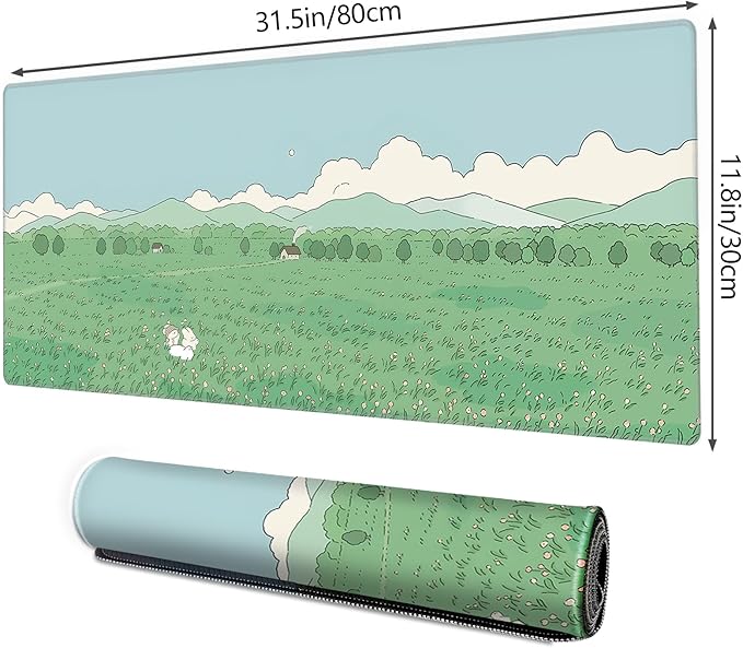 Galdas Gaming Mouse Pad XXL XL Large Long Extended Big Mousepad Non-Slip Rubber Keyboard Mouse Pad with Stitched Edges for Laptop Home Office (31.5x11.8x0.08 Inch) … (Clouds and Green)