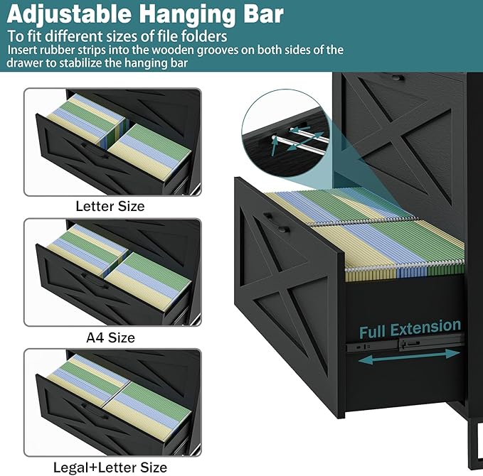 Lateral File Cabinet 2 Drawer File Cabinet with Charging Station for Legal/Letter/A4 Size Hanging Files, Modern Farmhouse Large Wood File Storage Cabinet Printer Stand for Home Office Furniture(Black)