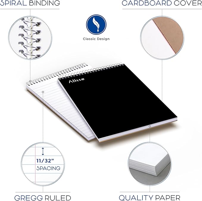 Steno Pads Spiral 6x9-12 Pack - Gregg Ruled, Perfect for Work, School, and Home Use, Easy Tear-Off Pages, White Paper - No Ink Bleeds - 80 Sheets