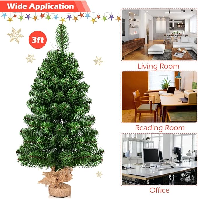 HAPPYGRILL 3 Feet Small Christmas Tree, Artificial Tabletop Mini Christmas Tree with 96 PVC Branch Tips, Burlap Cement Base, Spruce Xmas Tree for Home, Office Holiday Decoration, No Assembly Required