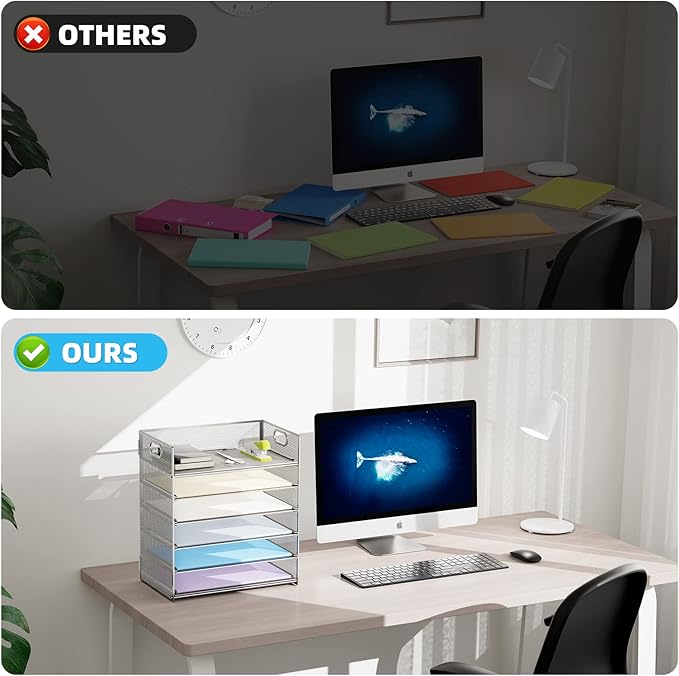 Marbrasse Paper Letter Tray - 6 Tier Mesh File Organizer with Handle, Paper Sorter for Letter/A4 Office File Folder Holder - Silver