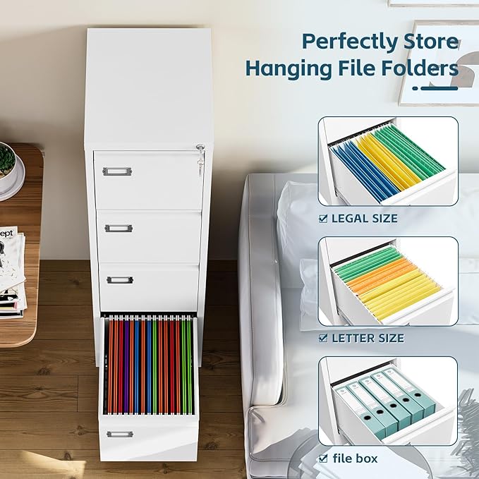 MIIIKO 4 Drawer File Cabinet, White Vertical Filing Cabinets with Lock, Home Office File Folders Storage Cabinet for Letter Legal A4 File Size