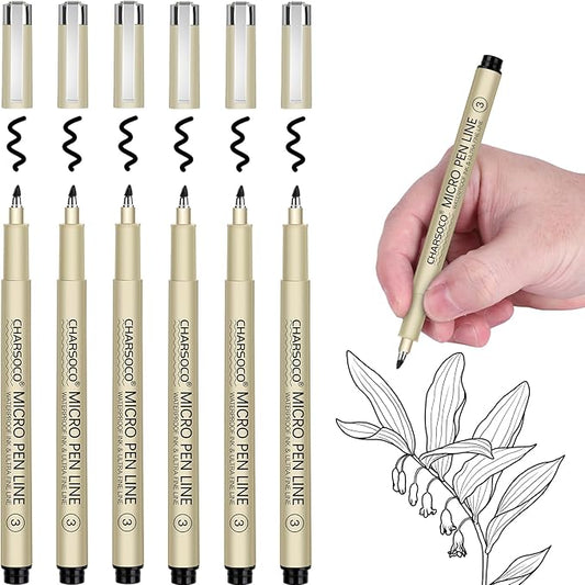 3 Micro Pen, 6 Pack Black Fine Point Pen with Waterproof Archival Ink, 3mm Fineliner Ink Pens for Artist Illustration, Sketching, Anime, Manga, Technical Drawing and Scrapbooking