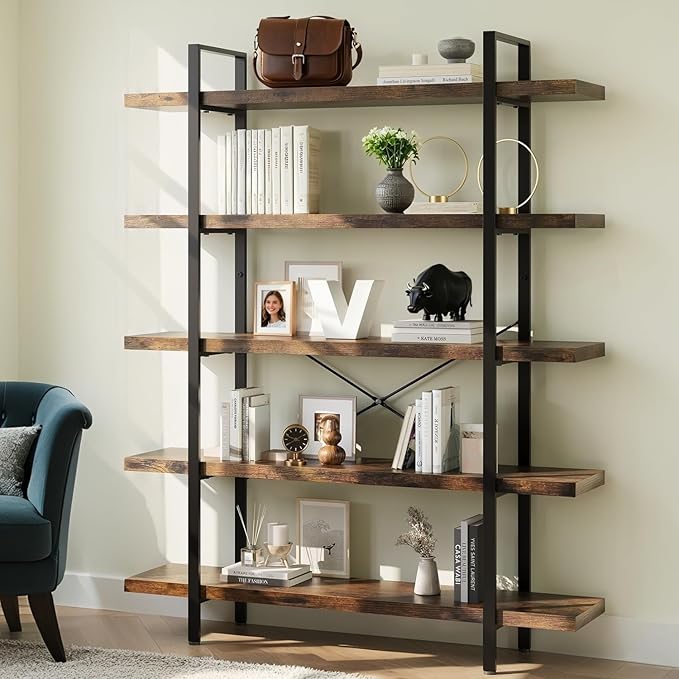 5 Tier Bookcase, 47 Inch Wide Wood Bookshelf, 120lbs Shelf Capacity, Rustic Open Shelving Industrial Display with Reinforced Horizontal Brown Shelves for Living Room Bedroom Office 2 Set