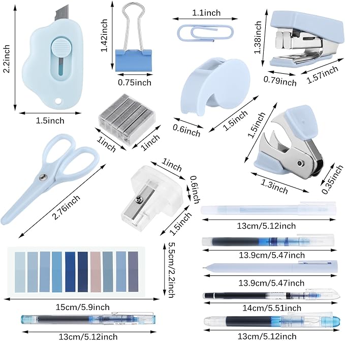 Colarr Mini Office Supply Kit Includes Stapler Tape Dispenser Staple Remover Paper Clips Scissor Staples Pen Sharpener Note Small Telescopic Knife for Office and School Clerk Student (Blue)