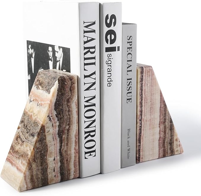 Koville Natural Onyx Bookends for Shelves, Decorative Bookends for Heavy Books, Non-Slip Heavy Duty Book Stopper for CD/Movies, Aesthetic Decorative Book Ends for Bookshevles Table Home Decor