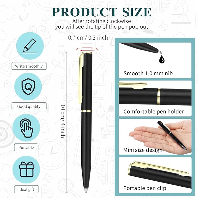Teling 72 Pcs Small Ballpoint Pen Mini Pens Bulk 4 Inch Short Small Tiny Black Ink Ballpoint Writing Tool for Notebook Pockets Signature Notepads School Office(Black, Gold,Classic Style)