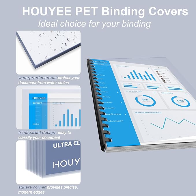 HOUYEE 100 Pack Ultra Clear Binding Presentation Covers, Clear Report Covers, Polythylene Terephthalate,8 Mil,8-1/2 x 11 Inches, Letter Size