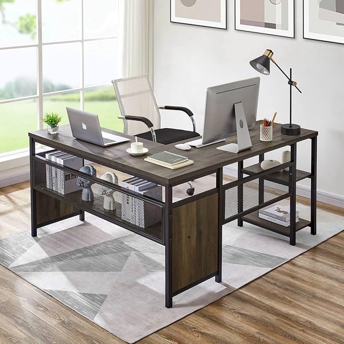 FATORRI L Shaped Desk, Industrial Reversible Home Office Computer Desk with Wood Shelves, Corner Desks with Metal Legs (Walnut Brown, 59 Inch)