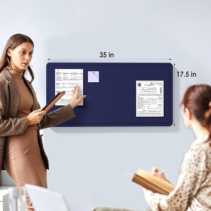 MaxGear Bulletin Board 35" x 17.5", Foldable Felt Board Vision Board Supplies, Cork Board for Office, Home, School, Small Pin Boards for Walls Decorative Picture Framed Display Board Dark Blue