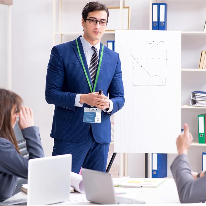 100 Pack Lanyards for ID Badges with Clear Name Tags, Reusable Lanyards Horizontal ID Card Badge Holders Plastic Name Badges for Men Women Kids Business School and Office Supplies (Green)