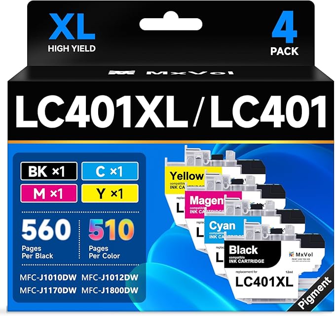 MxVol LC401XL Compatible Ink Cartridges Replacement for Brother LC-401XL LC401 LC-401 High Yield for MFC-J1010DW MFC-J1170DW MFC-J1800DW MFC-J1012DW Printer Ink (Black Cyan Magenta Yellow, 4-Pack)