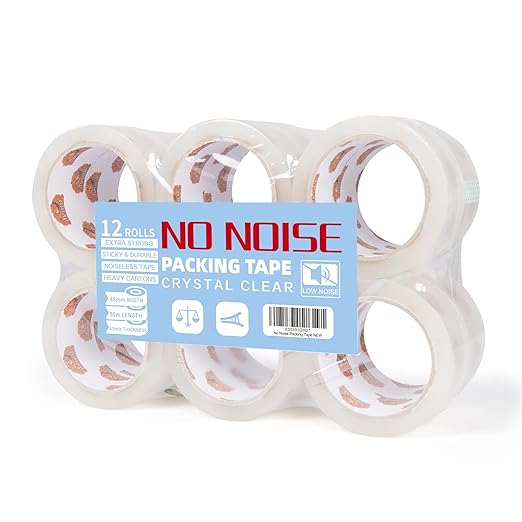 TAPEBEAR No Noise Clear Packing Tape, Quiet Packaging Tape Refill Rolls, 2.6mil x 1.88" x 55 Yards Heavy Duty Packing Tape for Sealing, Storage, Moving and Shipping, 12 Rolls, Total 660Yards