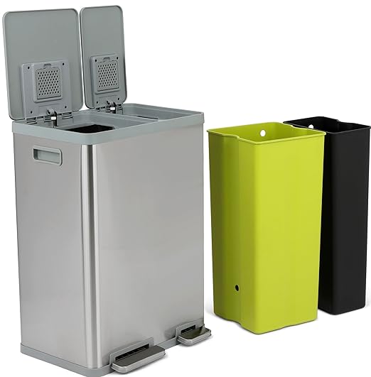 SIMPLI-MAGIC 16 Gallon (38L x 22L) Dual Compartment Step Trash Can – Kitchen Garbage Can with Waste & Recycling Bins – Slow-Close Lid, Odor Control, Hands-Free, Inner Bases, Brushed Stainless Steel