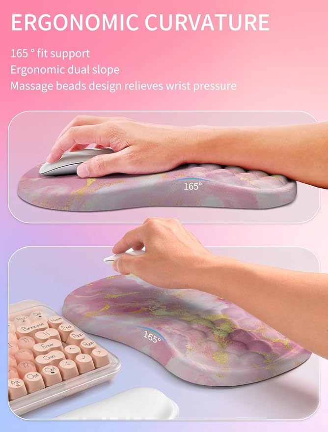 Hokafenle 2in1 Combination, Wave Keyboard Wrist Rest and Ergonomic Curvature Mouse Pad Wrist Support for Relieve Wrist Pain, Filled with Soft Cushion Memory Foam, Golden Pink Marble