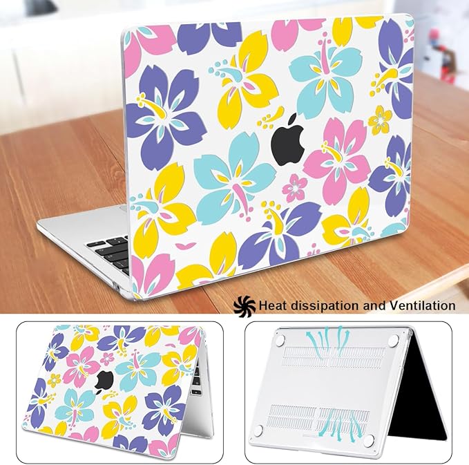 for MacBook Air 13.6 inch Case 2025 M4 A3240 2024 M3 A3113 2022 2023 A2681 M2 Chip, Crystal Plastic Pattern Hard Shell Case Cover for Mac Air 13 M4 2025 Touch ID, Colorful Hibiscus Flower