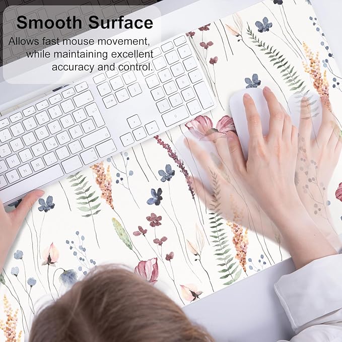QiyI Large Mouse Pad, Cute Flower Desk Mat for Desktop, Women Girls Floral Office Décor Accessories, PU Leather Waterproof Big Gaming Mousepad, Wildflowers Desk Pad Computer Mat, 31.5" x 15.7"