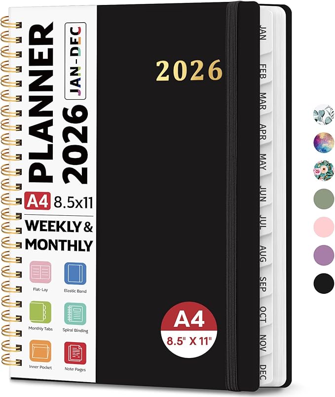 2026 Planner 8.5" x 11", Weekly and Monthly Calendar Planner Book, January 2026 - December 2026, Hardcover Spiral Planner with Monthly Tabs, Notes Pages, Perfect for Women & Men, A4 - Black