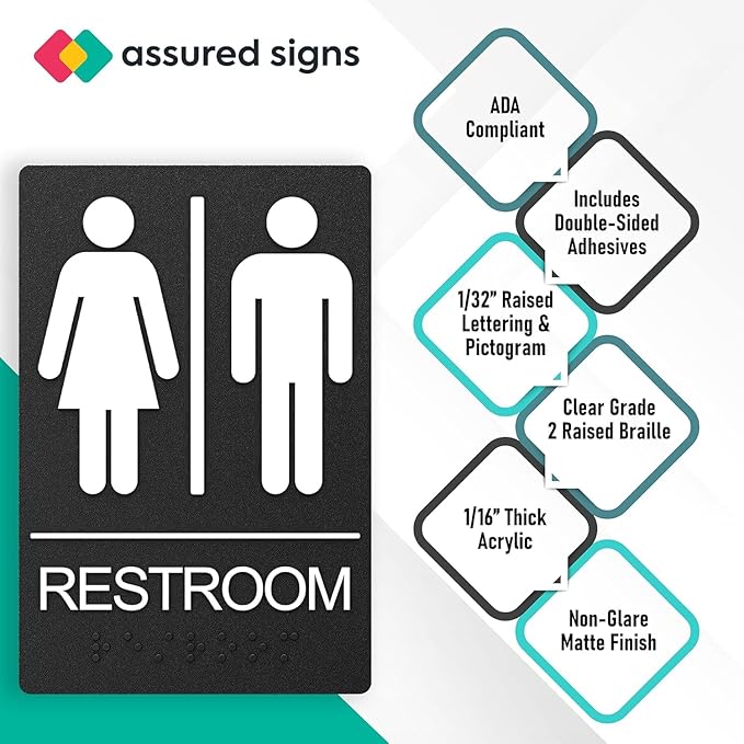ASSURED SIGNS Unisex Bathroom Signs, Restroom Sign For Business - For Men and Women - 2 PAck - 9" by 6" - ADA Compliant with Braille - Strong Double-Sided Adhesives Included - Apply to Office, Home, Public Door/Wall