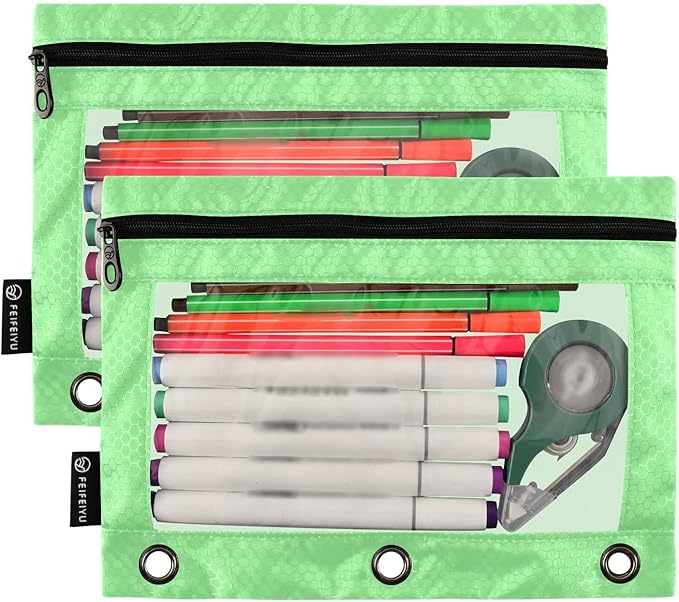 Gredecor Binder Pencil Pouch 3 Ring Light Green Zipper Pencil Pouches Case 2 Pack Clear Binder Organizer for School Office