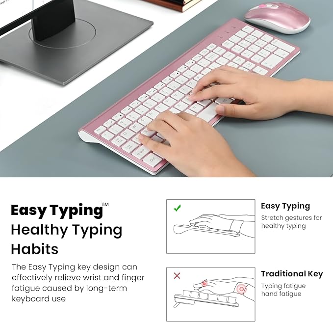 cimetech Wireless Keyboard and Mouse Combo, Compact Full Size Wireless Keyboard and Mouse Set 2.4G Ultra-Thin Sleek Design for Windows, Computer, Desktop, PC, Notebook - Rosegold