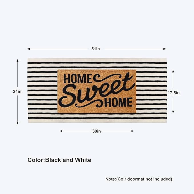 Collive Black and White Outdoor Rug Christmas Door Mat 24"x 51", Cotton Woven Striped Welcome Doormat, Washable Front Porch Decor for Farmhouse Front Door Layered Entryway Christmas Decorations