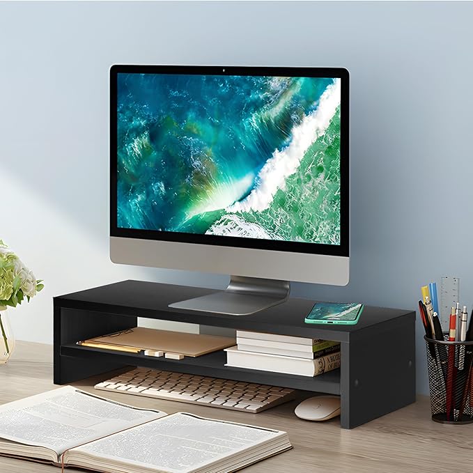 Monitor Stand Riser, 2 Tier Computer Stand, Desk Organizers and Accessories, Desktop Shelf with Storage for TV Screen PC Printer (Black-18.9inch)