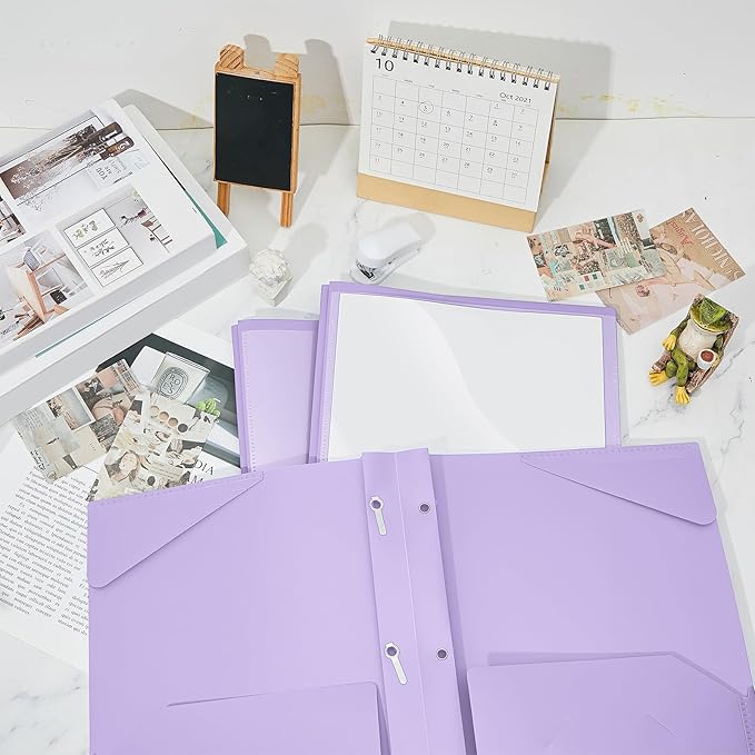 Henoyso 48 Pcs Plastic Folder with Clear Front Pocket and 3 Prongs Heavy Duty Plastic Folders with Card Slot Pocket Folders with Prongs for School Office Home(Light Purple)