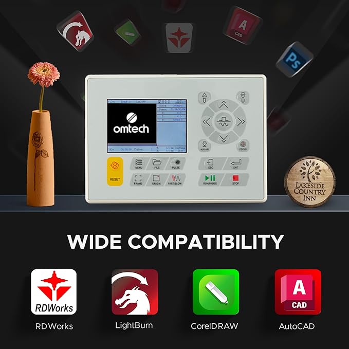 OMTech 90W CO2 Laser Engraver with Water Chiller, 28"x20" Cutting & Engraving Machine with Air Assist, 4-Way Pass, Caster Wheels, RDWorks, for Wood, Glass, Acrylic & More