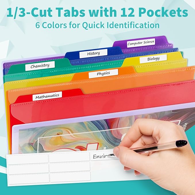 Binditek 12-Pocket Poly Project Organizer, Heavy-Duty Poly Cover, Clear Front Pocket, 6-Color Dividers with 1/3-Cut Tabs, Fixed Zipper Pouch, Letter-Size, Blue