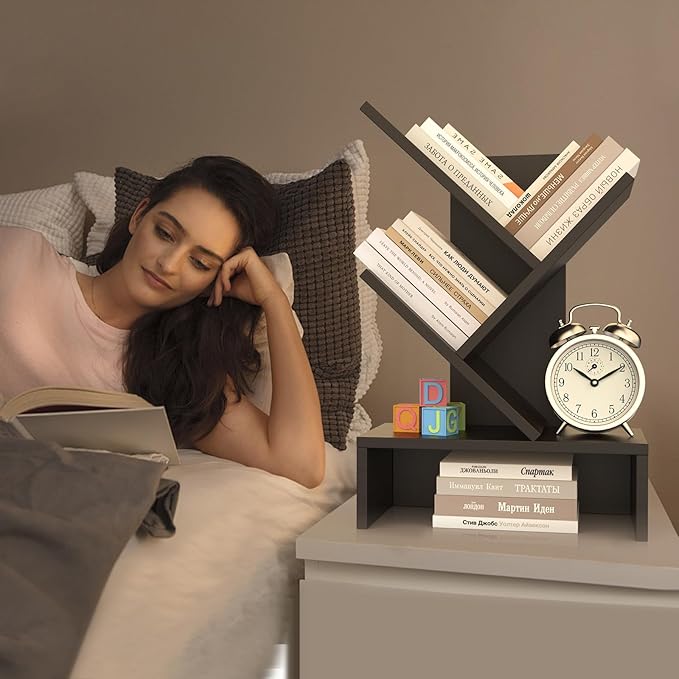 Godferyxin Tree Bookshelf with Drawer,Wood Desk Bookshelf for School,Office,Small Book Shelf Storage Rack for Decor,Bedrooms,Living Rooms Mini Shelf