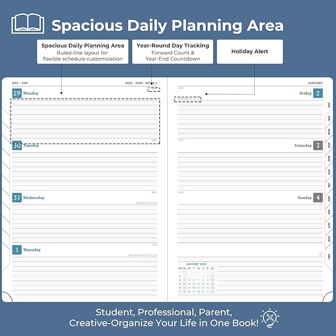 IN-LUXPRO Weekly Monthly 2026 Planner (Jan.26-Dec.26),8.5"x6.5",12 Months Agenda Plan with Month Tabs & Pocket,Expenses/Note Pages, Appointment Book Calendar with Hardcover Vegan Leather Cover,Blue