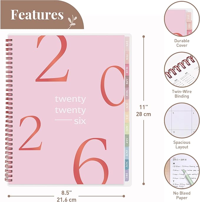 Rileys 2026 Planner, Agenda Planner With Weekly And Monthly View, Daily Agenda Book And Yearly Planners Calendar Book, Spiral Bound With Tabs, Notes, Goals And Holidays (Float, Pink, 8.5 x 11 in)