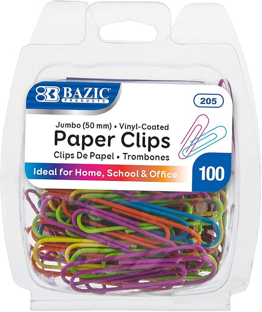 BAZIC Products Paper Clips – Assorted Color Jumbo 50mm, Color-Coated Metal Large Paper Clips for Office, Home, and School Use, 100/Pack, 72 Packs