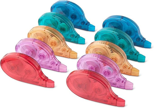 Amazon Basics White-Out Correction Tape with Dispenser, 39.3ft, 10-Pack, Fast, Clean and Easy to Use Tear-Resistant Tape Office or School Supplies, Green, Orange, Purple, Red, Blue