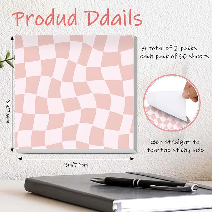 Sticky Notes 3x3 Inches, 2 Pads Cute Colorful Self-Stick Note Pads, Easy to Post for Home, Office and Daily Life Organization Distort Red Checkerboard