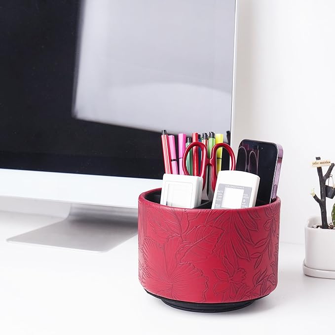 Hennaja Round Leather Art Supply Organizer,Remote Control Holder,360 Degree Spinning,Multi-Functional Pencil Holder,4 Compartments Desktop Stationary Organizer(1-Carved Red)