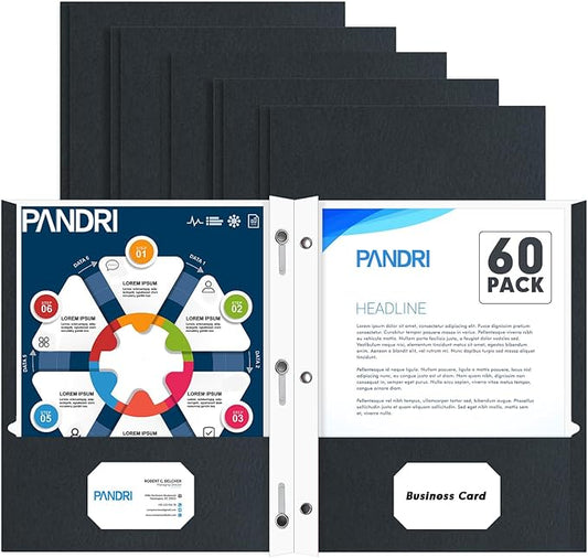 Two Pocket Folders, PANDRI 60 Pack Two Pocket Folders with Prongs, 3 Prong Folders Designed for Office and Classroom, Letter Size Black