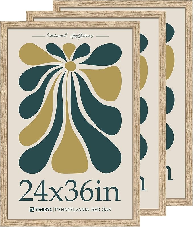 24x36 Oak Wood Frame for Poster - 3 Pack, Natural Solid Wood Picture Frame, Wall Gallery Frame